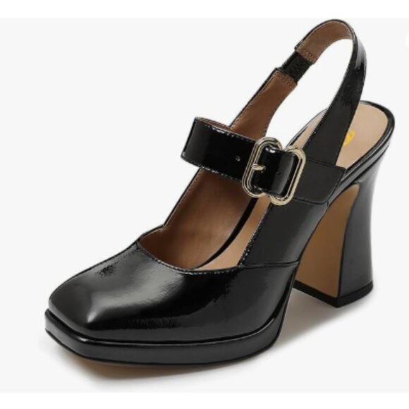FYS Black Platform Square Toe Pumps Chunky High Heel Mary Janes Slingback Shoes - Picture 1 of 6